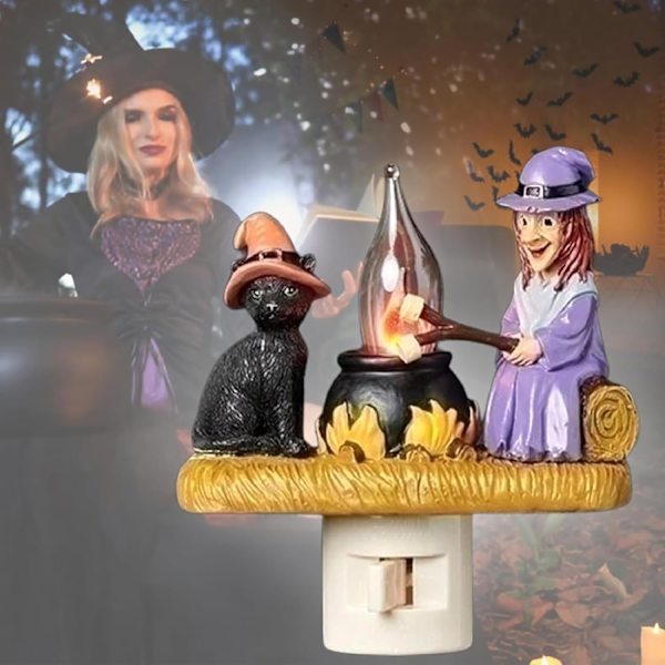 Lejrbål Natlys 1 stk Hexe og Kat Flimrende Natlys 2024 Halloween Natlys 3D LED Falsk Lejrbål Natlys Stik i W