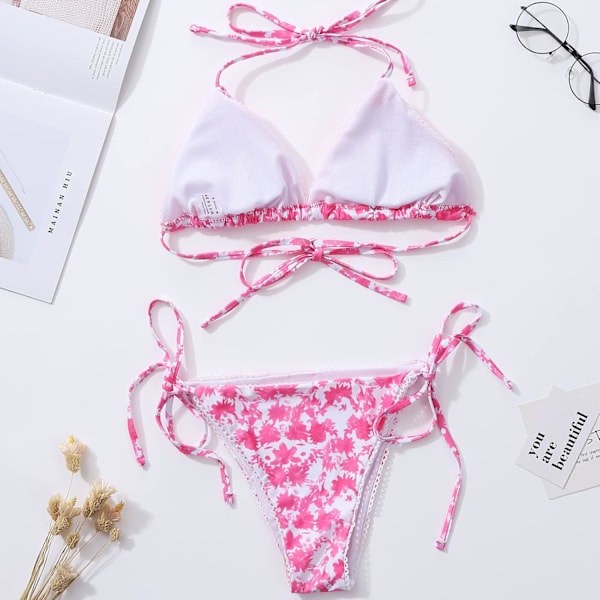 Bikinis baddräkt set för kvinnor baddräkt triangel baddräkt slips string trosa Floral Red XL