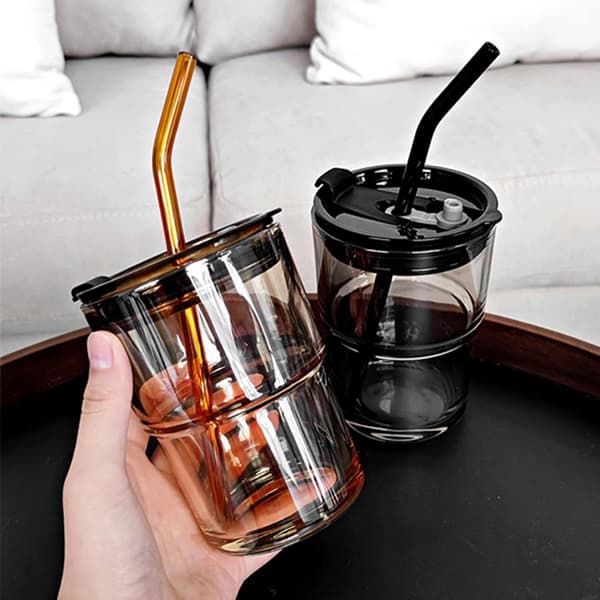 400 ml Isolerad Glasmugg med Lock och Sugrör - Gråfärgad, Läckagesäker, Dubbelväggig för Kaffe, Iste - Bärbar Resemugg Grey