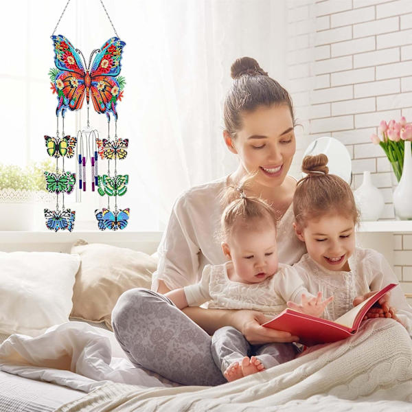 Diamantmålning Vindspel, Solfångare Konst Vindspel Kit Dubbelsidig 5D Fjäril och Kolibri Hängande Ornament för Vuxna Butterfly A