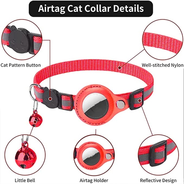 Reflekterande justerbart katt halsband med AirTag hållare och klocka, säkerhetslås, lätt för husdjur kattunge, röd