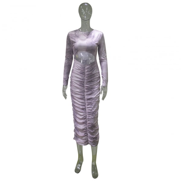 Kvinnors långärmad klänning Dammode Casual Plisserad klänning helt set Dammode Casual Printed veckad klänning (lila 3XL)