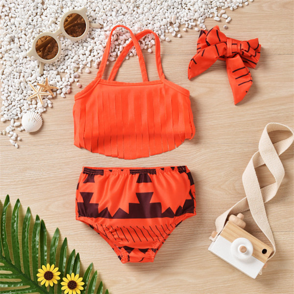 AVEKI Flickor Tofs Strand Sport 3-delad UPF 50+ Bandad Tankini Baddräkt, 18-24 Månader, Orange