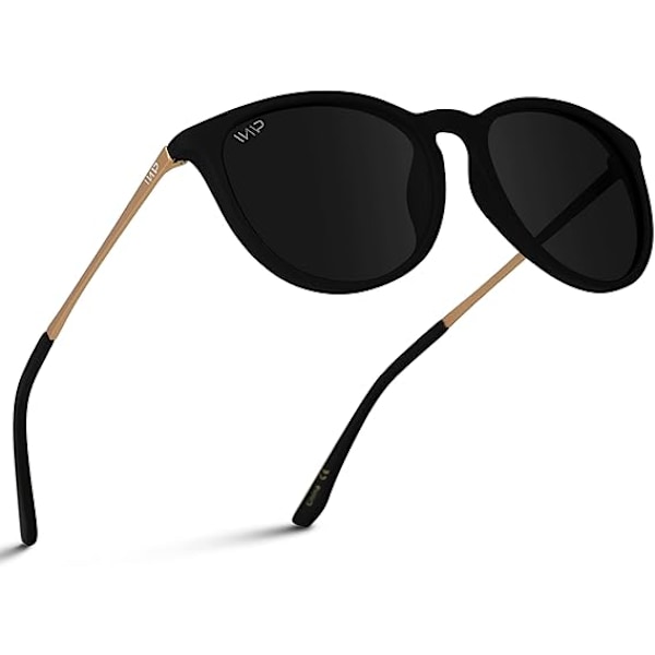Runde solbriller til kvinder med polariseret UV-beskyttelse, trendy retro designerstil Gold Frame/Black Lens