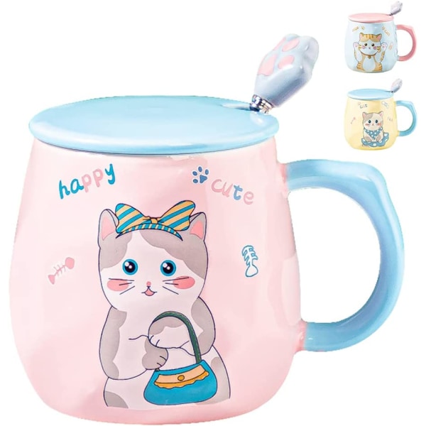 Söt kattmugg, högkvalitativ keramik, hög temperaturbeständig, 14oz med 3D-lock och sked, julklapp födelsedagspresent, katt rosa