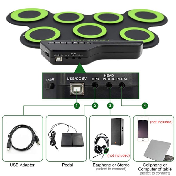 Elektroniskt trumset 7 pads 5 inställningar 8 demonstrationslåtar 3 rytmer bärbar USB hoprullbar trumövningsplatta