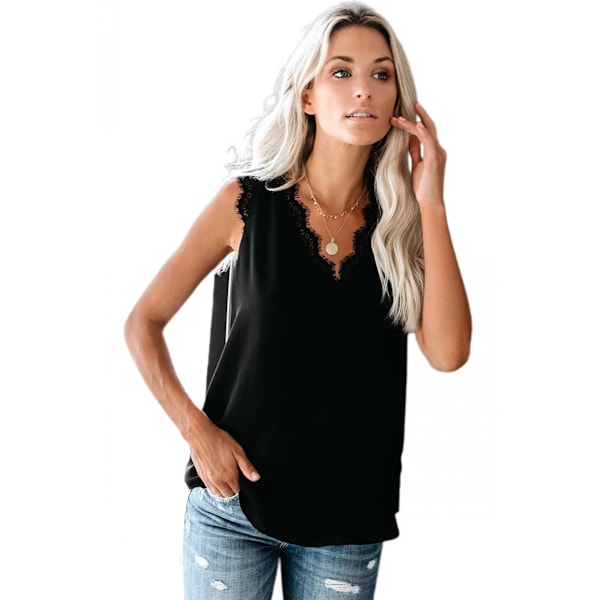 Kvinder V-hals Blonder Trim Casual Tank Tops Ærmeløse Bluser Skjorter --- Sort （Størrelse L）