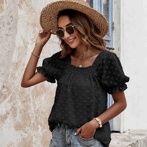 Chiffon Jacquard Kvadratisk Halsringning Topp L