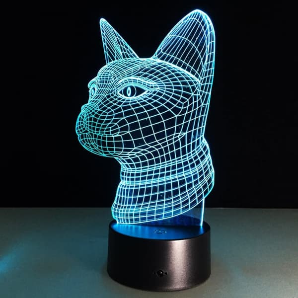 Katt hode 3D illusjon skrivebordslampe 7 farger endring berøring knapp LED nattlys