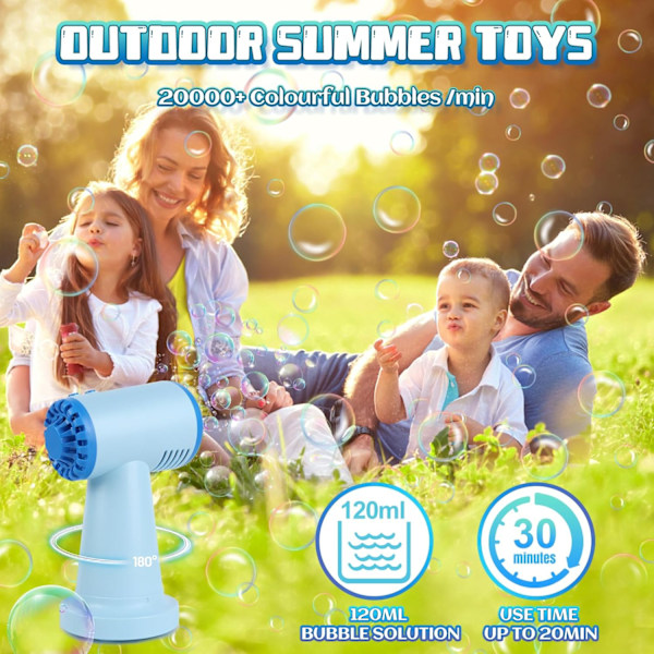 Boblemaskine til børn og småbørn, 90°/180° Auto Roterende Bobleblæser Genopladelig Boblemaskine Sommer Udendørs Legetøj til Par blue