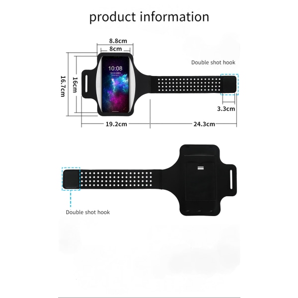Udendørs sports fitness armbånd til mænd og kvinder med stor kapacitet, elastisk, vandtæt, egnet til 6,5 tommer modeller (sort)