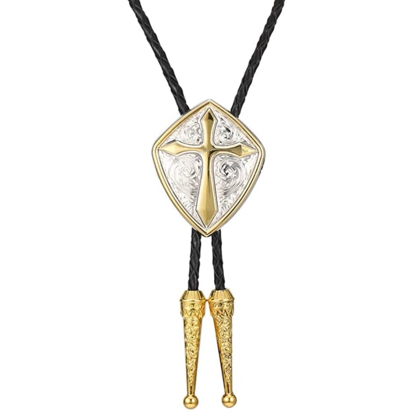 Cowboy Western Tie Bolo Tie för män Vintage Shield med handgjort svart läder
