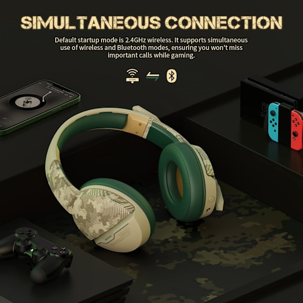G08 Trådløst Gaming Headset med Mikrofon: 100-timers Batterilevetid, 10m Rækkevidde, Unik Ørkenfarve, Kompatibel med PS4/PS5/PC/Mac