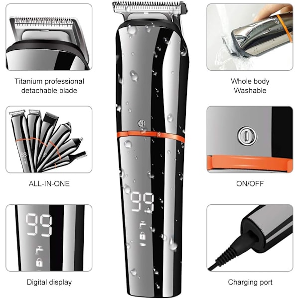 Skäggtrimmer för män Hårklippare Kropp Mustasch Näs Hår Trimmer Sladdlös Precisionstrimmer 6 i 1 Skötselset Vattentät USB Re