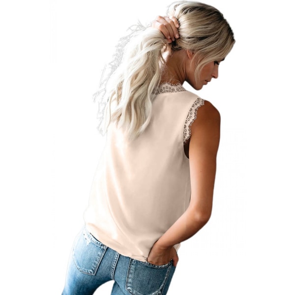 V-ringad spetskant för kvinnor Casual linne ärmlösa blusar Skjortor --- Aprikos （Storlek S）