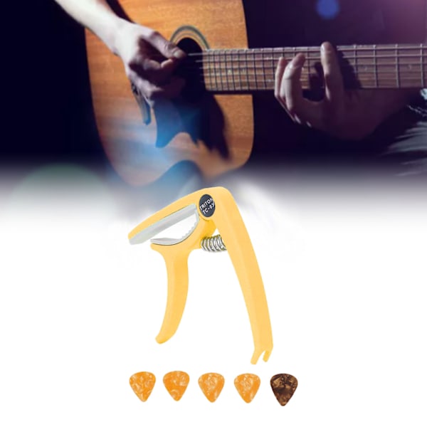 Elektrisk gitarr capo ABS snabb frigöring Ukulele gitarr capo set med 5PCS gitarr plektrum för mandolin banjo gul