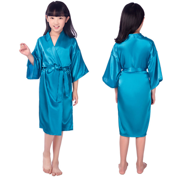 Barnens siden kimono bröllopsklänning morgonrock kimono morgonrockar nattkläder ------ Blå（Storlek 10）