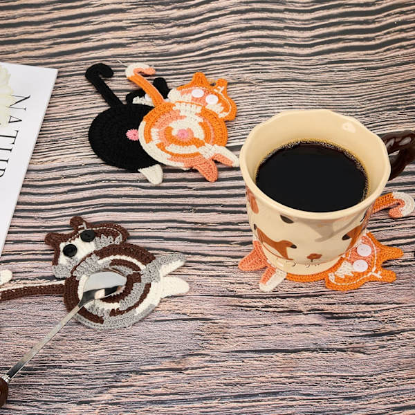 Kattgaver for Katt-elskere 3 stk Katt-underlag Vevd Kreativ Søt Katt-underlag Isolasjonsunderlag Kaffe og Te-underlag Skrivebordsgaver