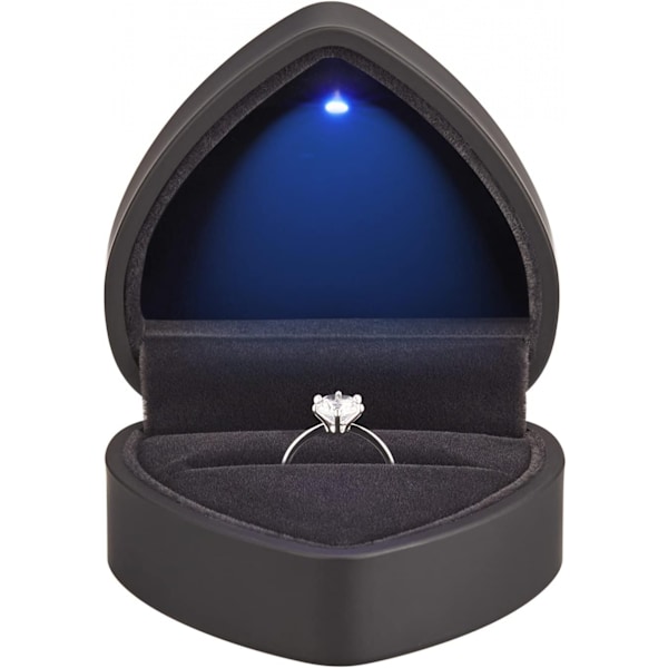Hjärtformad LED-ring presentförpackning med sammetsinredning - Elegant smyckeskrin för bröllop, förlovning, frieri, födelsedag & årsdag black