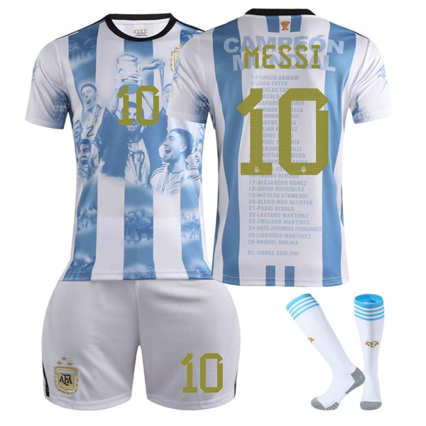 2023-2024 Argentina VM-mästerskap minnesupplaga fotbollströja set med strumpor-Nr.10 MESSI(guld)#M No.10 MESSI(golld) #M