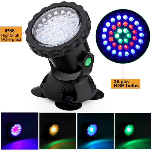 Dammlampor LED undervattens 3,5W, nedsänkbara swimmingpoollampor med fjärrkontroll, 36 LED, färgglada, Deko för landskap