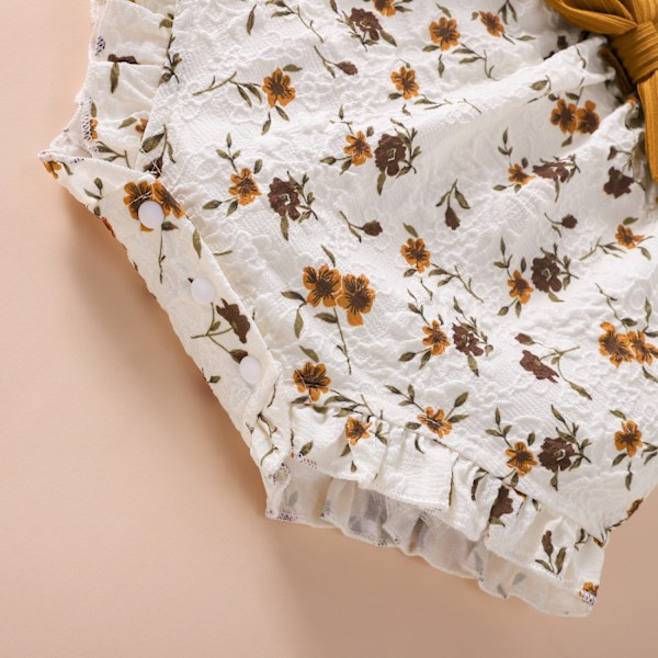 Pige Floral Romper Suspender Shorts Rufflede Puff Sleeve Bodysuit Jumpsuit One Piece Sommer Outfit --- Brun（Størrelse 80）