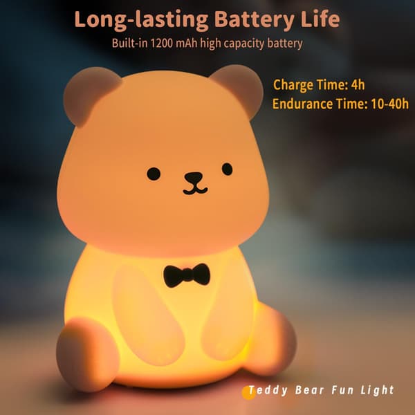 LED Bamse Natlampe, Sød Kawaii Silikone Lampe til Børneværelset - Genopladelig USB Touch Control, Dæmpbart Blødt Lys, Perfekt til