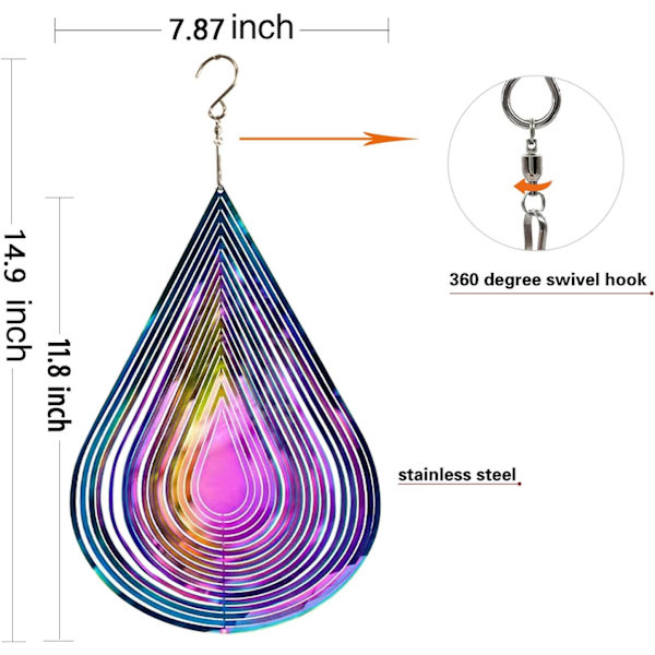 Vindmølle Udendørs Metal 3D Vindmølle Hængende Havehave Dekoration Gaver Rustfrit Stål Vanddråbeformet Vindmøller med 360° Rot Water Drop