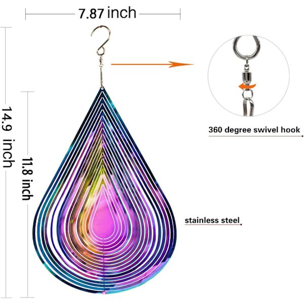 Vindspinnare Utomhus Metall 3D Vindspinnare Hängande Trädgård Dekoration Presenter Rostfritt Stål Vattendroppsformade Spinnare med 360° Rot Water Drop