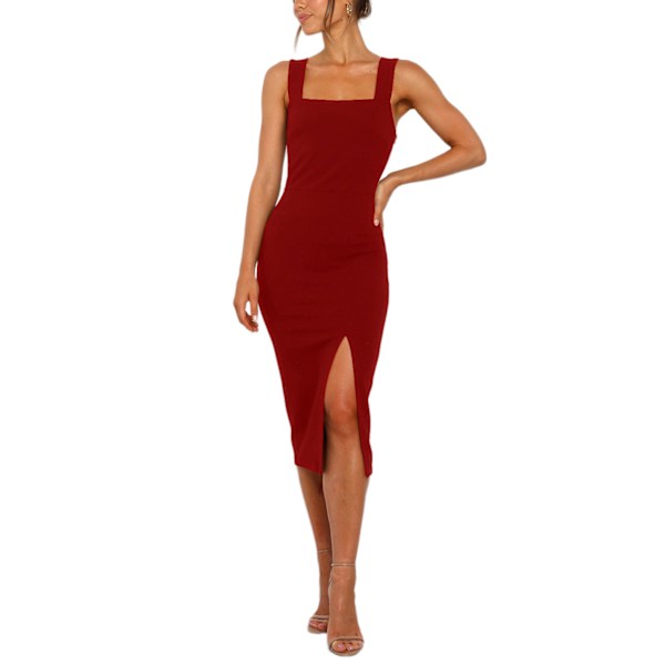 Kvinnors sexiga split lår tank klänning bodycon fest sommarklänningar (vinröd XL)