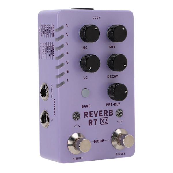 Reverb-effekt Stereo Elektrisk Gitar Enkelt Pedal Forhåndsinnstilt Veksel 14 Effekter R7 X2 100‑240VEU Plugg
