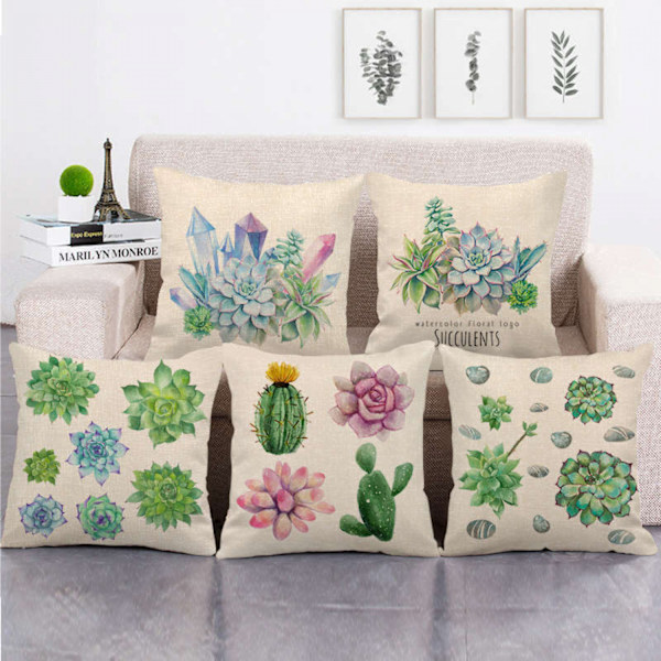 Set med 2 putetrekk i akvarellkaktus Sukkulenter Planter Dekor Lin Putavar Hjem Dekorativ Kvadrat 18x18 Tommer Putavar (Sukkulenter H)