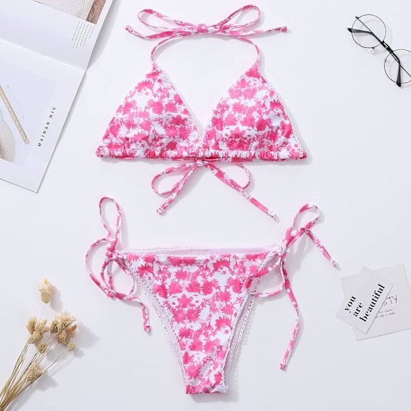 Bikinis baddräkt set för kvinnor baddräkt triangel baddräkt slips string trosa Floral Red XL