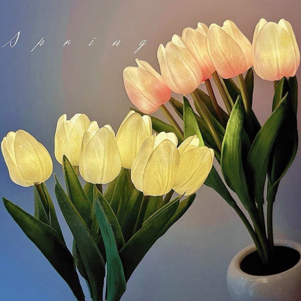 Gave til kjæreste, mamma, datter, tante, blomsterlampe, batteridrevet, tulipaner, nattlys, gave til henne, bursdag, feriefest (rosa)