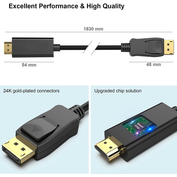 DisplayPort till HDMI 6 fot guldpläterad kabel, Avacon Display Port till HDMI Adapter Hane till Hane Svart(4K*2K), 3Pack