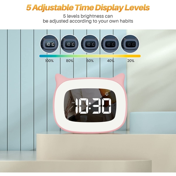 Barnealarmklokke med nattlys Trinnløs dimming, Søt katteøre digital klokke for gutter og jenter, 5 minutters alarm, Ok å vekke barn (rosa)