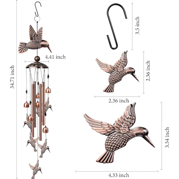 Kolibri-klokker for utendørs, dekorative vindklokker med 4 aluminiumsrør hengende bjeller, minneklokker utendørs med S-krok Hummingbird