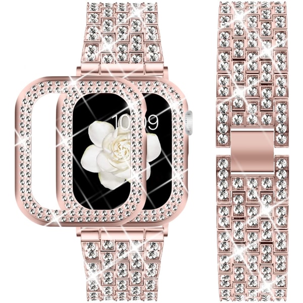 Kompatibelt Apple Watch Band med Case Series iwatch6/5/4/3/2/1, Bling Full Diamond Rhinestone Women Girl, Rosepink (38mm)