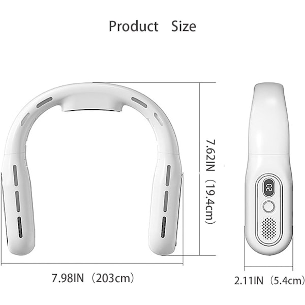 Vikbar Bärbar Halsfläkt - Uppladdningsbar Vikbar Handsfree Kylande Bladlös Personlig Fläkt, Batteridriven med LCD-skärm, 3 Hastigheter white
