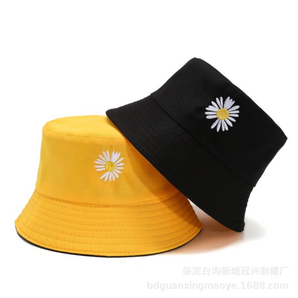 Bucket Hat Women's Double Sided Summer Sunshade Hat Casual Pot Hat, Black - Yellow, Small Daisy