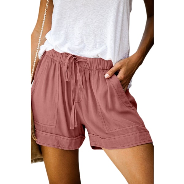 Ljusrosa för kvinnor, casual dragsko med elastisk midja sommarshorts med fickor --- Ljusrosa （Storlek 4XL）