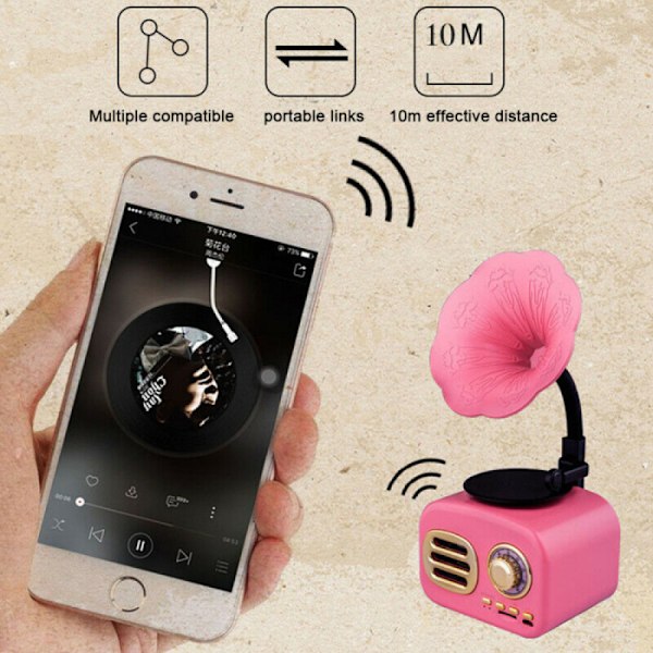 Retro Bluetooth-kompatibel högtalare Bärbar Mini Trådlös Grammofonspelare Högtalare med TF-kortplats Bärbar laddning rosa högtalare
