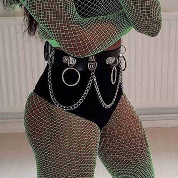 Punk midjekedja bälte läder kroppskedjor Rave kroppssmycken accessoarer för kvinnor och flickor (svart)