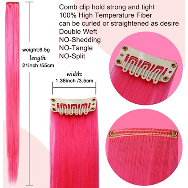 9PCS 21\" Fargede Clip-in Hårextensions Rosa Hårextensions for Barn Jenter Clip-in Rosa Hårclips Hårextensions for Barn Fest Høydepunkter (Rosa)