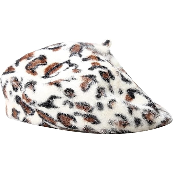 Fluffig Leopardmönstrad Beret Hatt Trendig Gepardmönster Franska Hattar Vintervarm Artistmössa för Dam