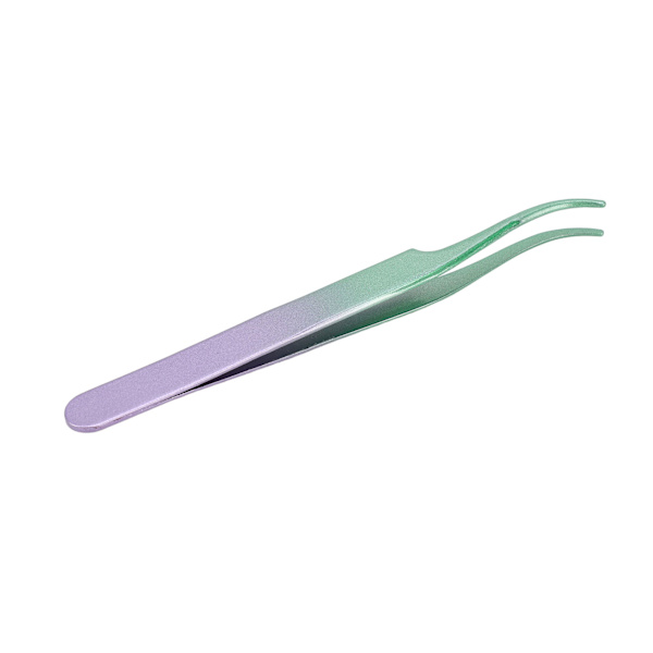 Lash Tweezers i rostfritt stål, tät bit, böjd, för fransförlängning, grön lila gradient