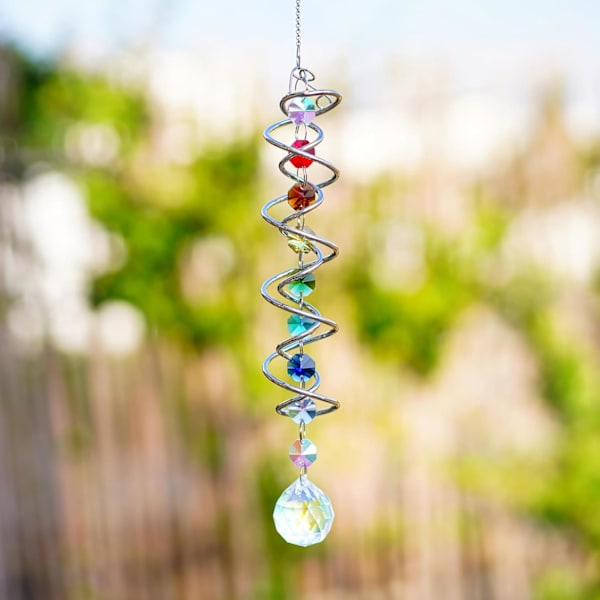 WJ123 Solfangere Vindspinner Globus Spiralhale, Krystall Dekorativ Vindspinner, 17,7 tommer Vindspinner Solfangere med Syv Chakra 2 Colorful Beads