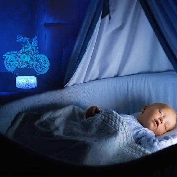 LED Motorcykel Nattlampa Motorcykel 3D Illusion Lampa för Barn, 16 Färger Byter USB/Batteridriven Touch Sensor med Fjärrkontroll