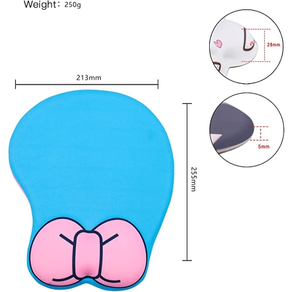 3D musematte med håndleddsstøtte, søte musematter med sklisikker silikon Anime for hjemmekontor, arbeid, studier, enkel skriving, blå rosa sløyfe