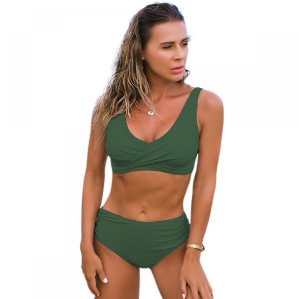Kvinde Højtaljet Solid Bikini 2-delt badedragt --- Army Green（Størrelse M）